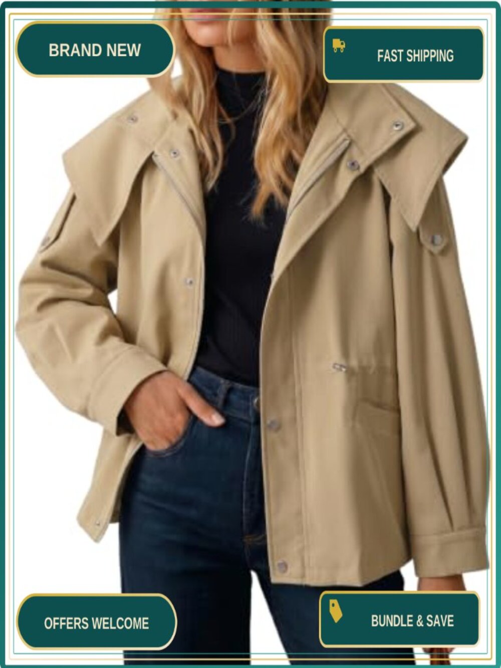 Women's Casual Zip Hooded Trench Coat Loose Fit Drawstring Outerwear